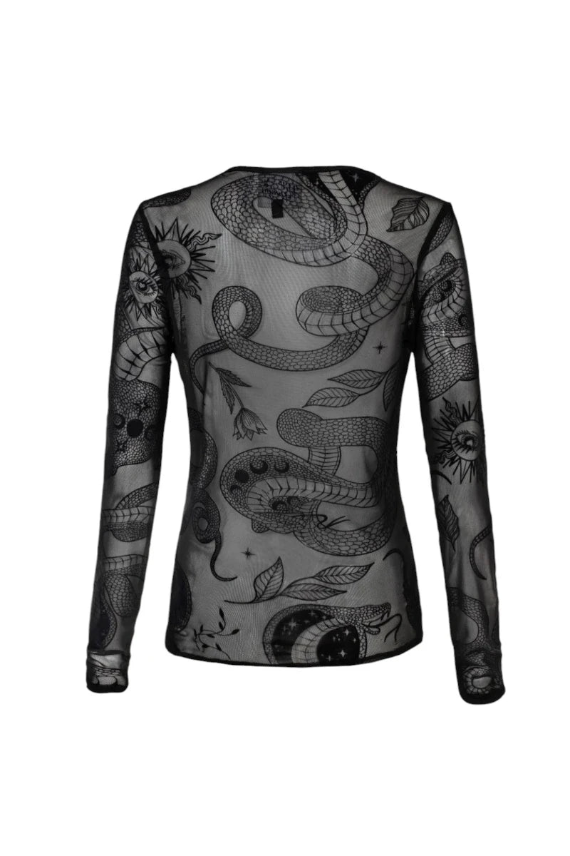 Hell Bunny Snake Charmer Top Gothic Mesh Snake Print Blouse