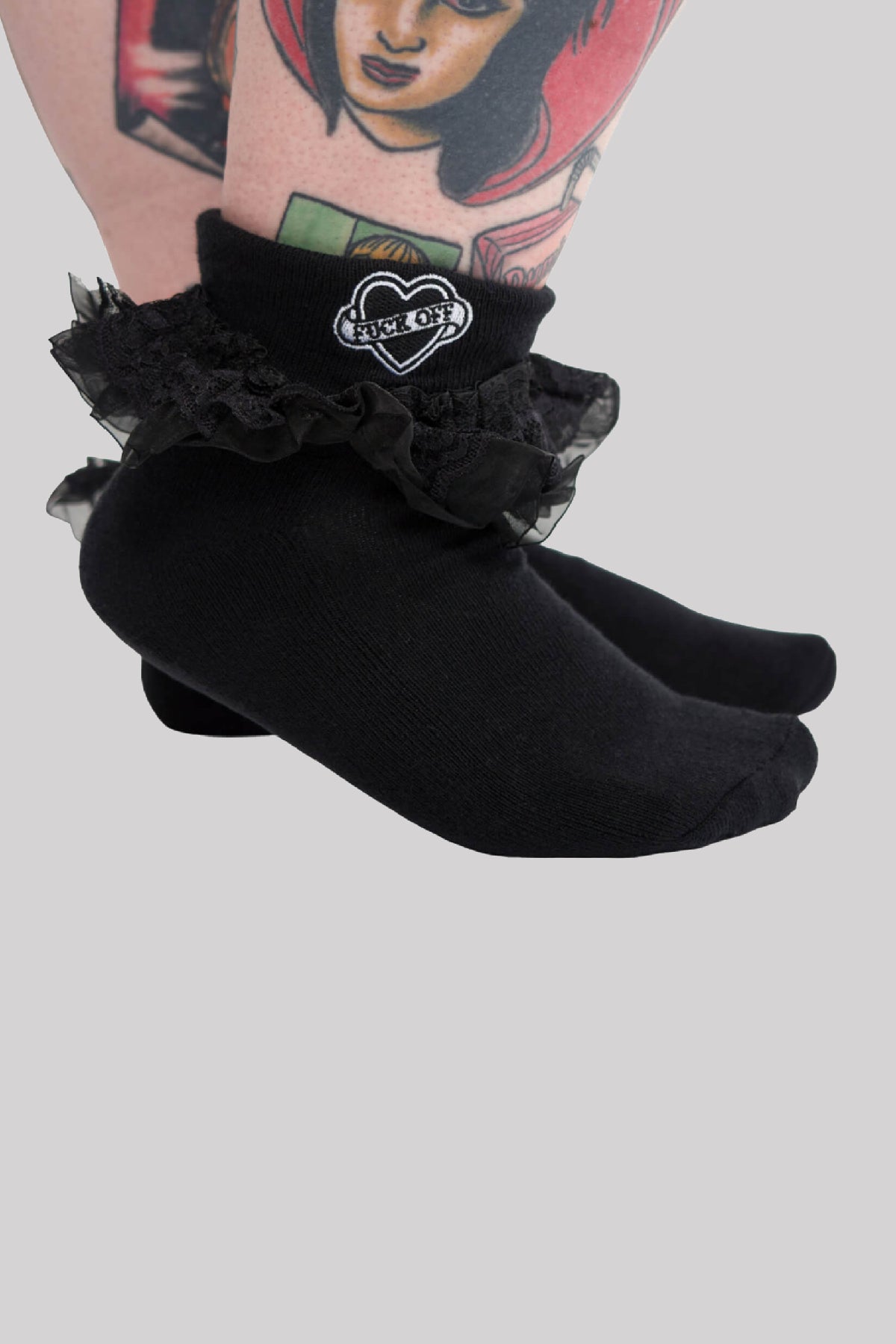 Sourpuss F*ck Off & Die Black Embroidered Cuff Gothic Punk Ruffle Socks
