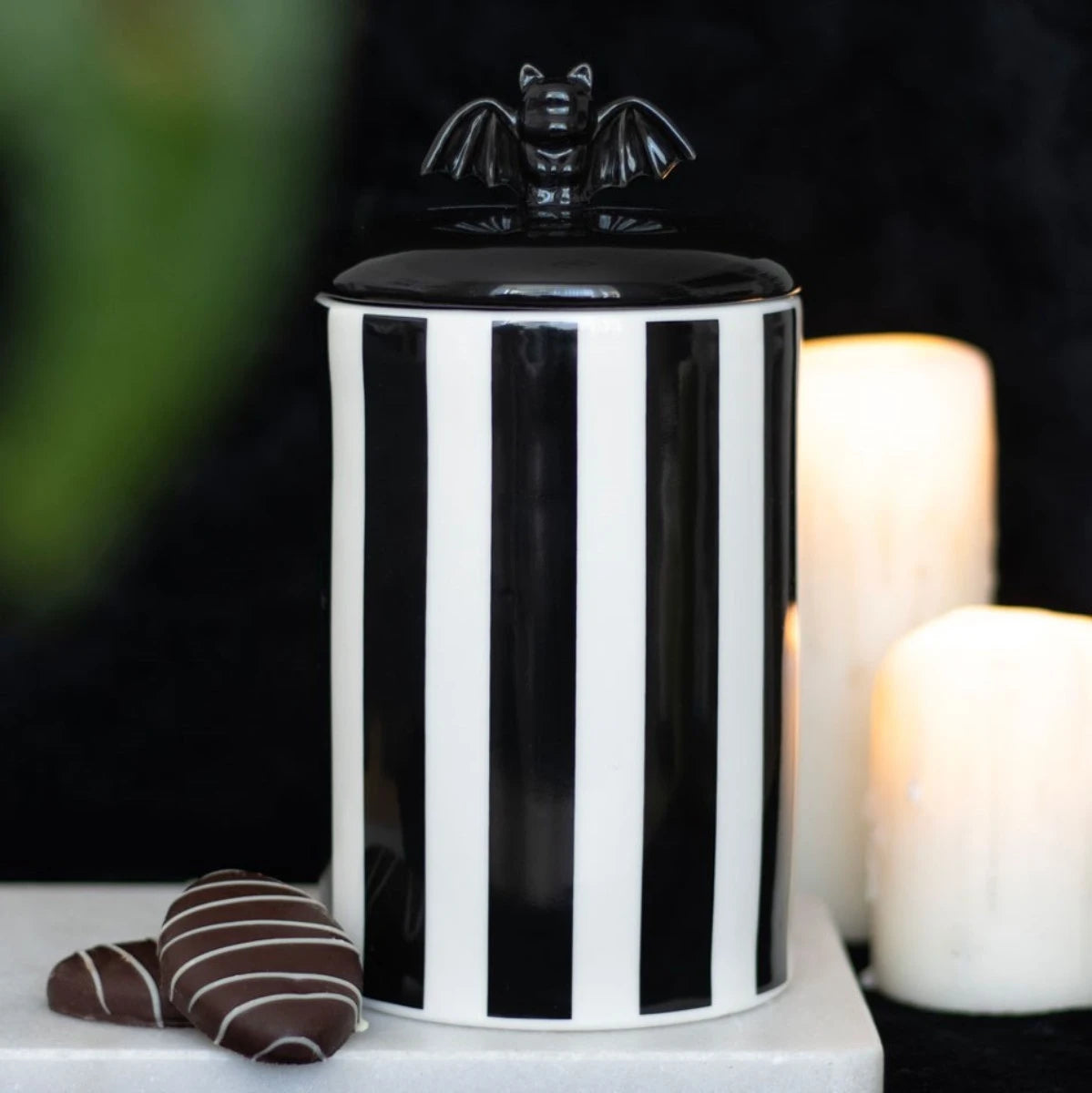 Striped Bat Storage Jar - Gothic Ceramic Canister with Lid