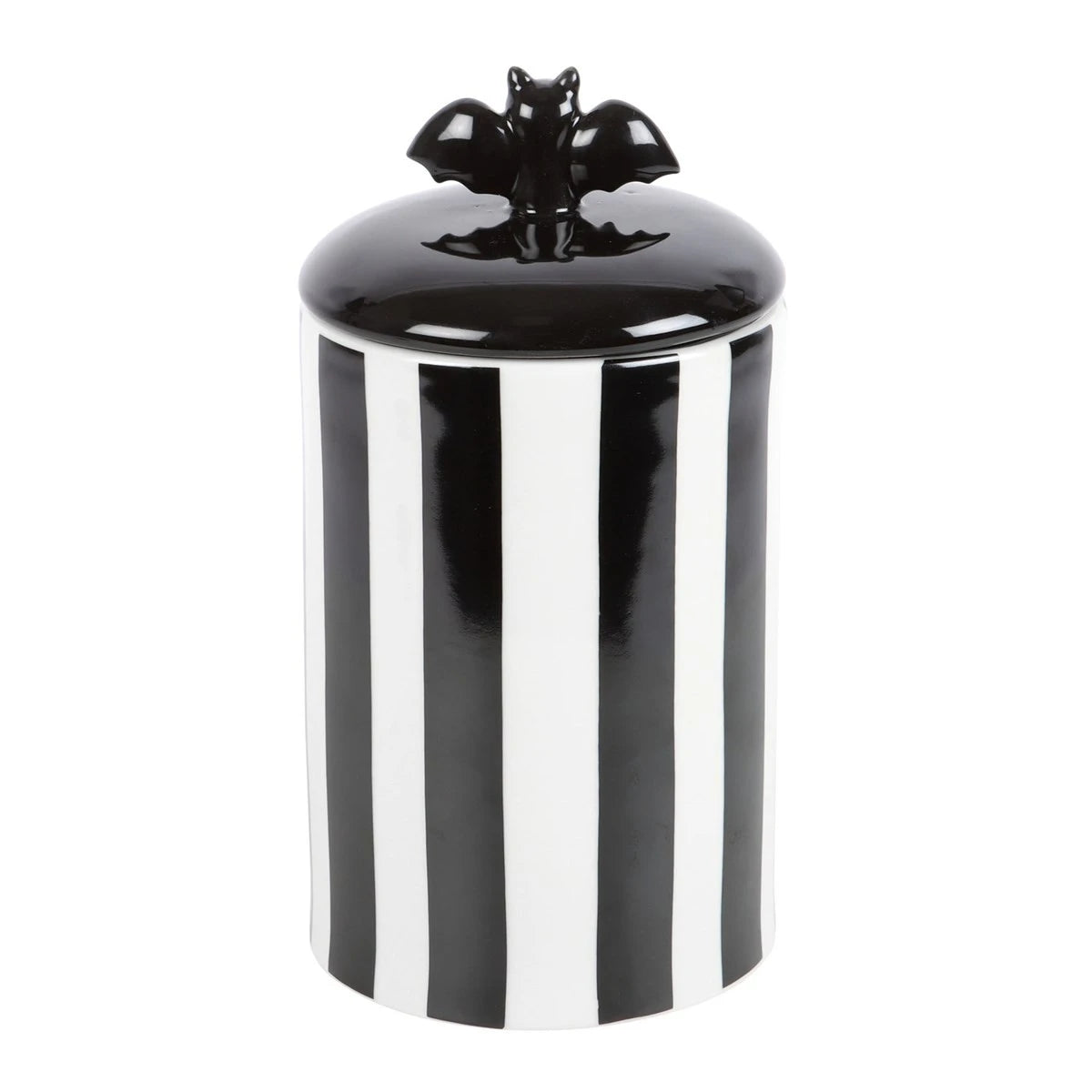 Striped Bat Storage Jar - Gothic Ceramic Canister with Lid