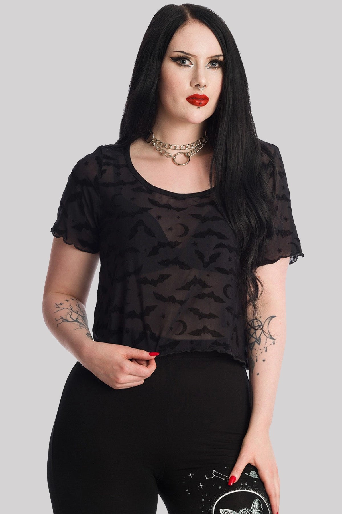 Banned Prayers Gothic Sheer Flock Bat Cropped Top