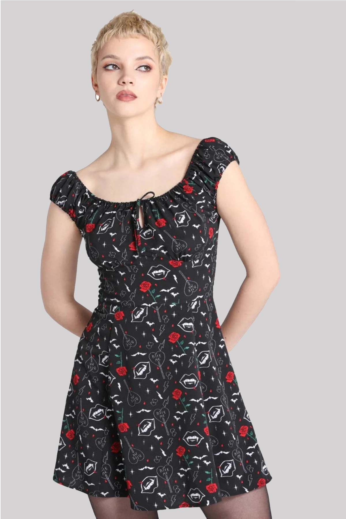 Hell Bunny Lilith Roses Bats Fangs Printed Mini Dress
