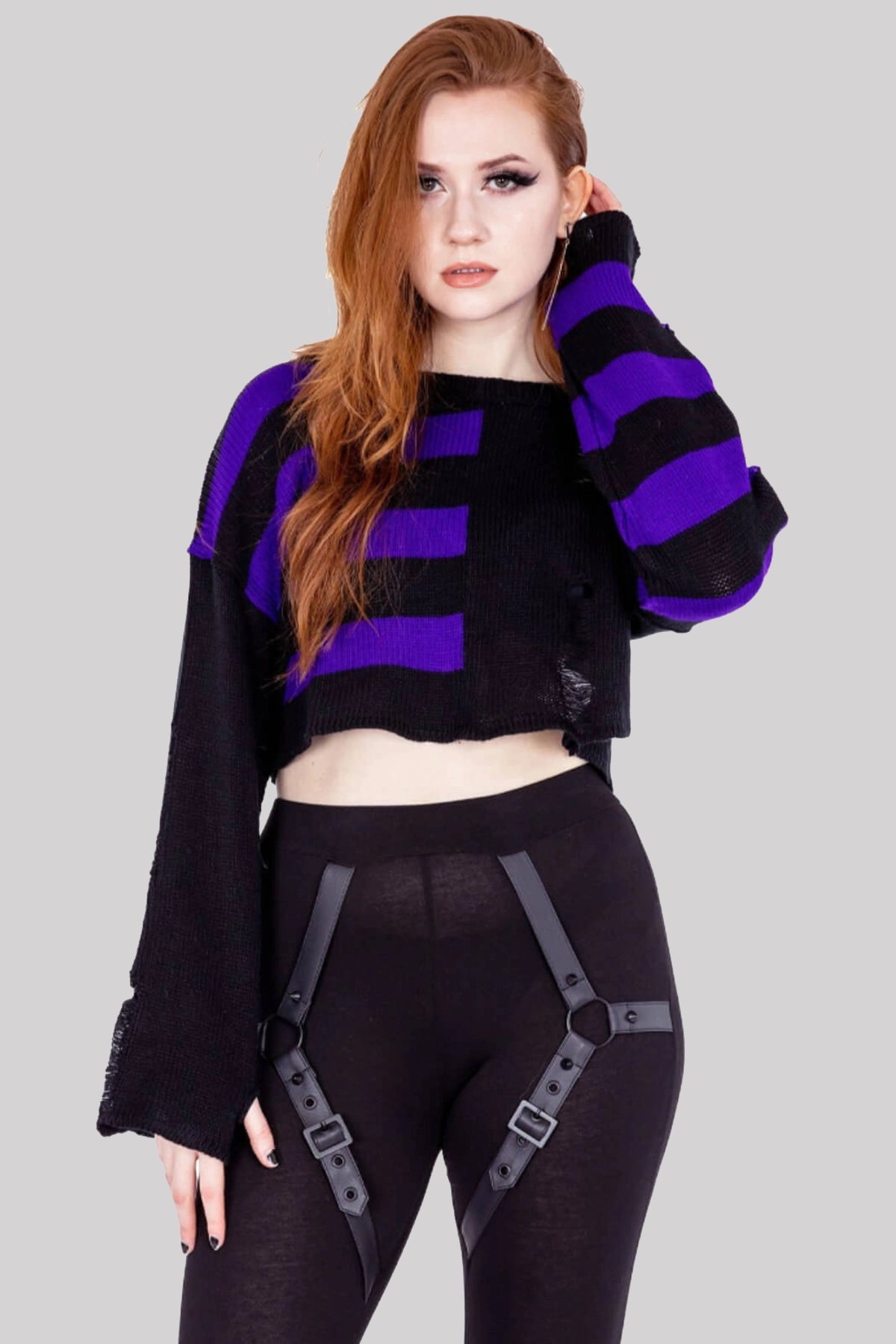 Vixxsin Violetta Half Stripe Dristressed Crop Knitted Jumper