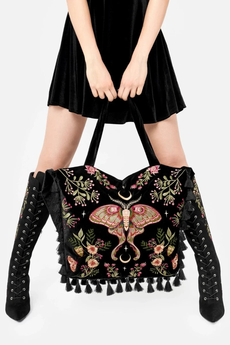 Restyle Wilderwood Velvet Bag – Gothic Moth Embroidered Tote