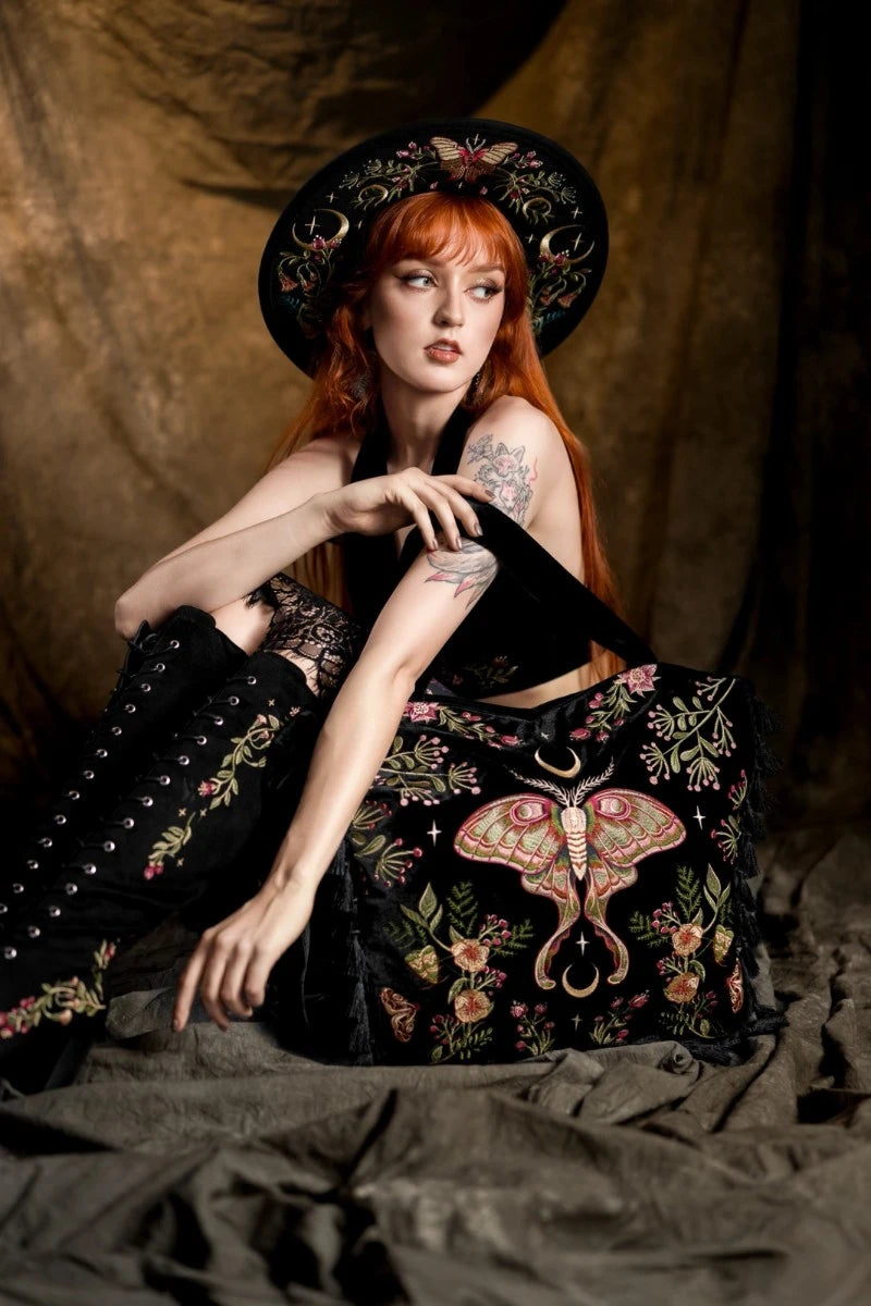 Restyle Wilderwood Velvet Bag – Gothic Moth Embroidered Tote