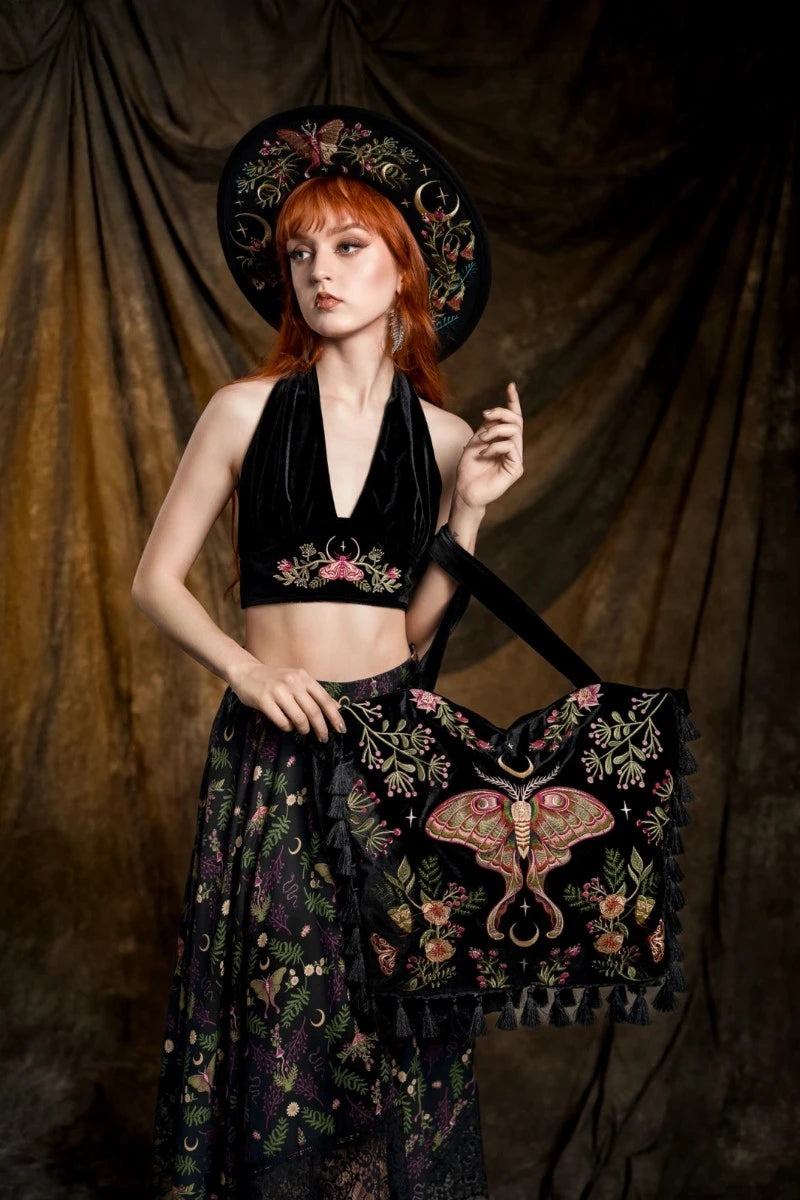 Restyle Wilderwood Velvet Bag – Gothic Moth Embroidered Tote
