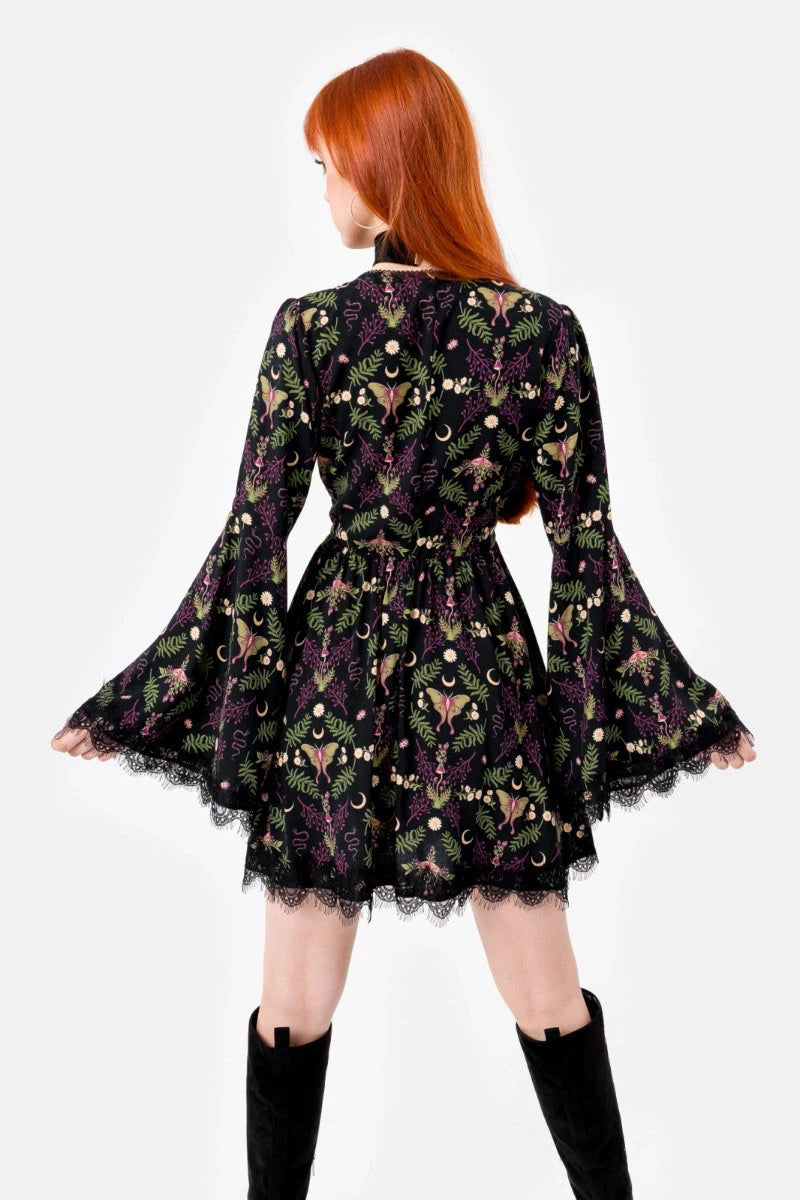 Restyle Wilderwood Mini Dress – Witchy Floral Bell Sleeve