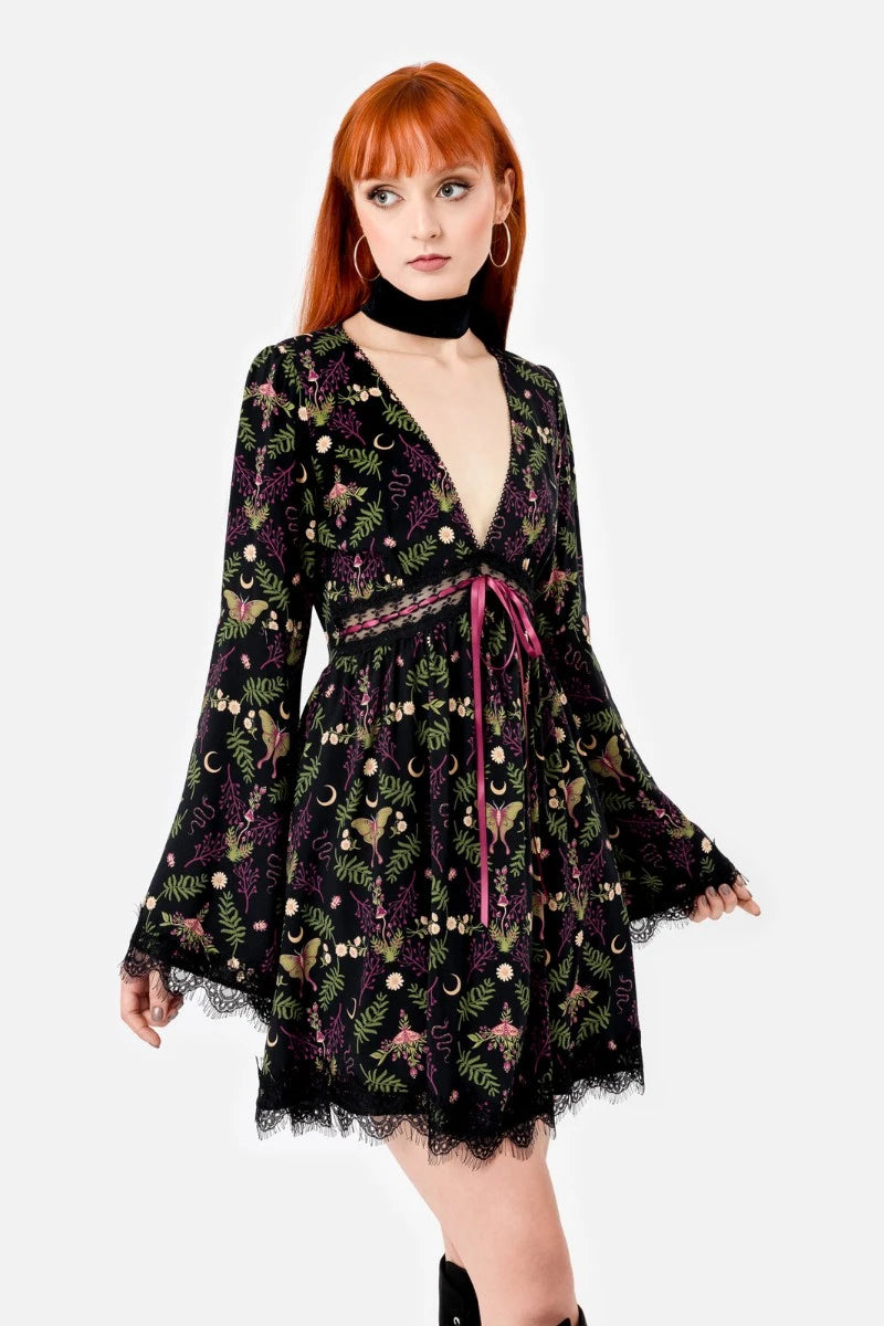 Restyle Wilderwood Mini Dress – Witchy Floral Bell Sleeve