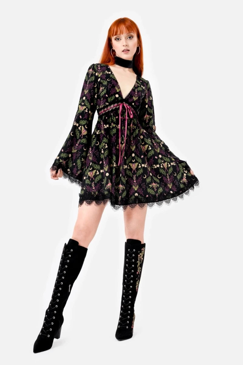 Restyle Wilderwood Mini Dress – Witchy Floral Bell Sleeve