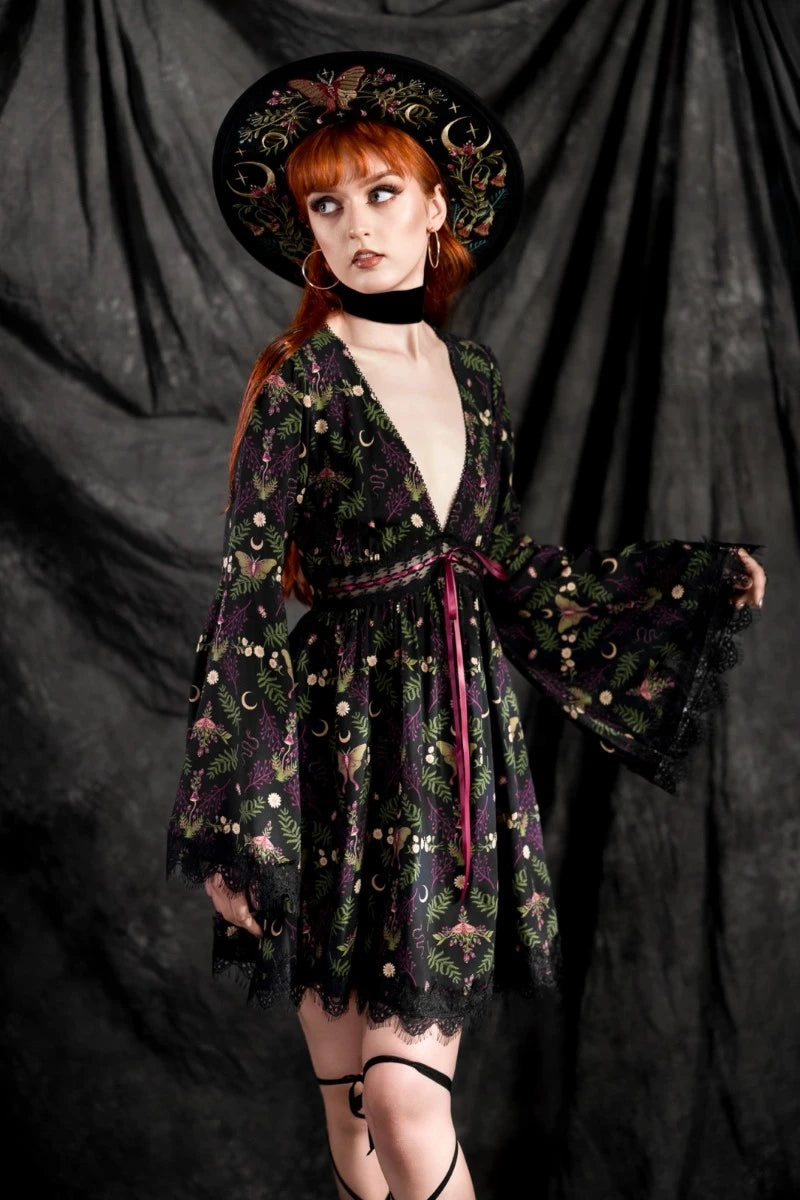 Restyle Wilderwood Mini Dress – Witchy Floral Bell Sleeve