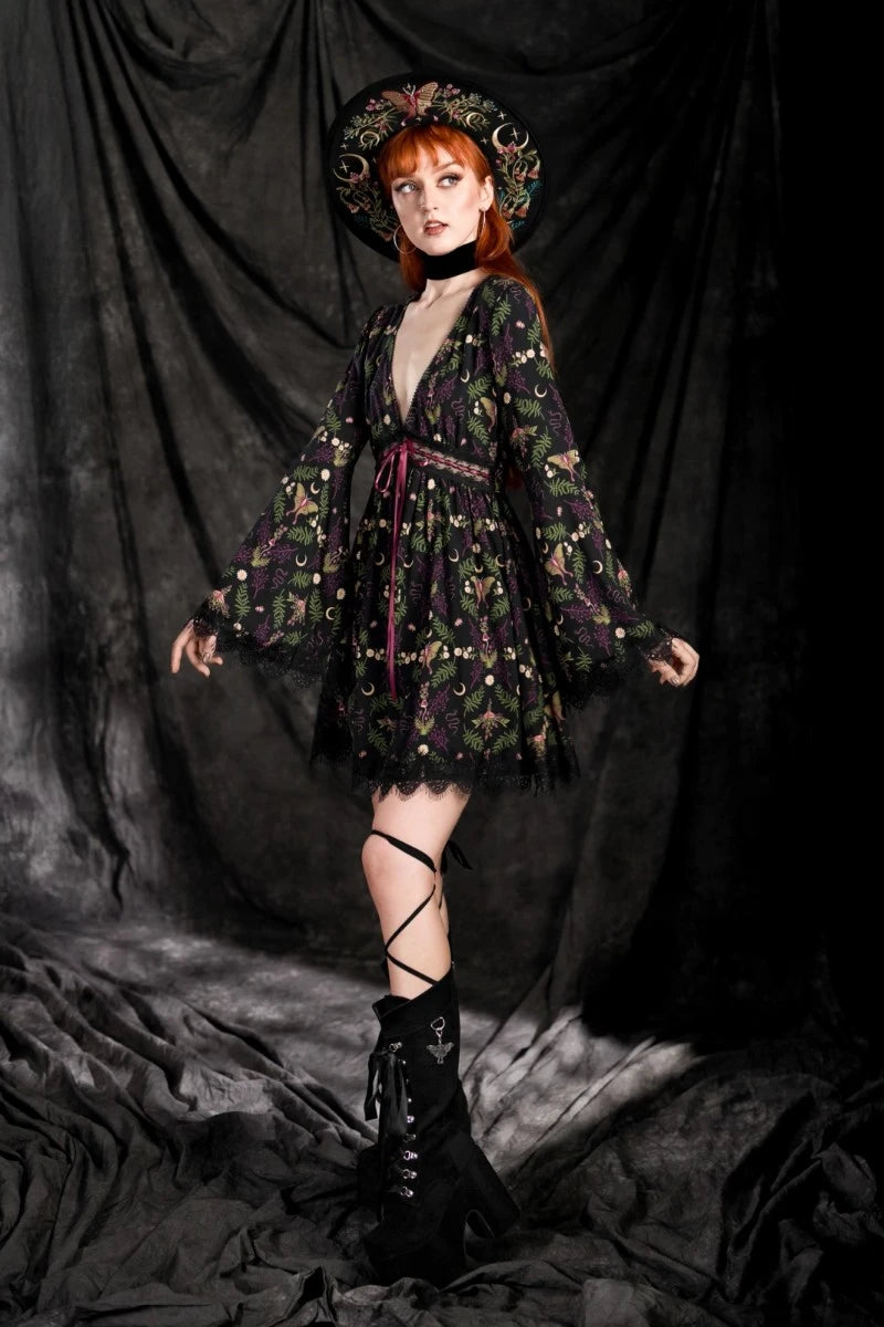 Restyle Wilderwood Mini Dress – Witchy Floral Bell Sleeve