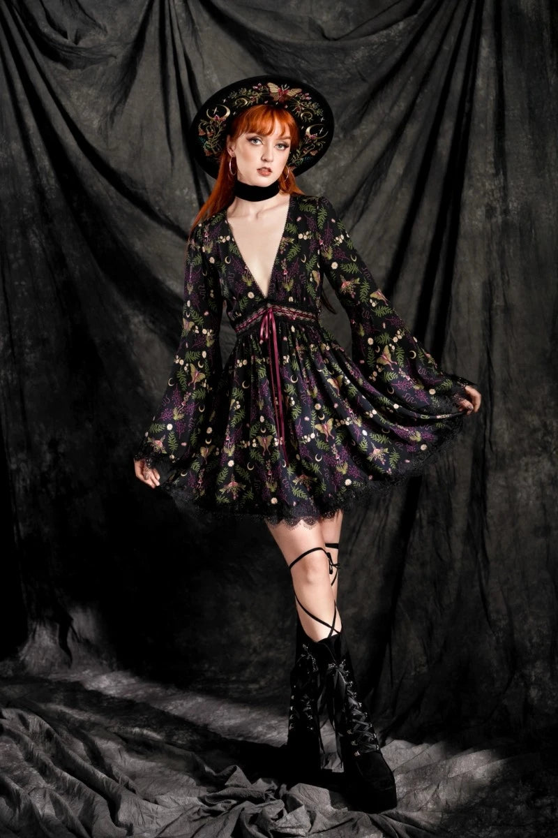 Restyle Wilderwood Mini Dress – Witchy Floral Bell Sleeve