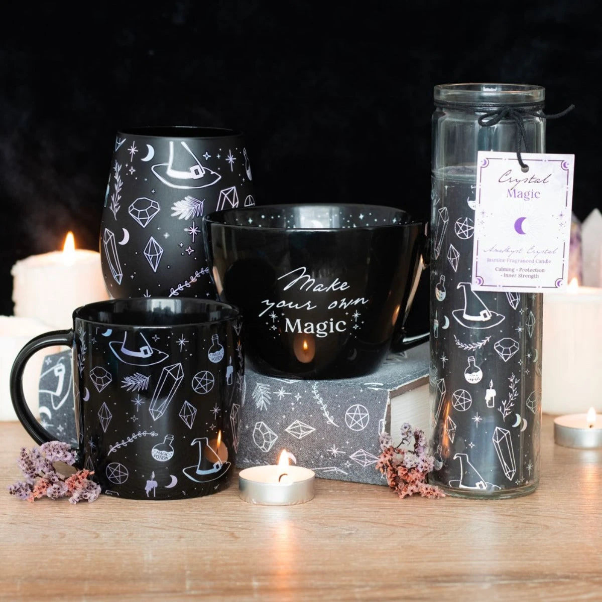 Crystal Witch Print Mug – Mystical Black Ceramic Coffee Cup