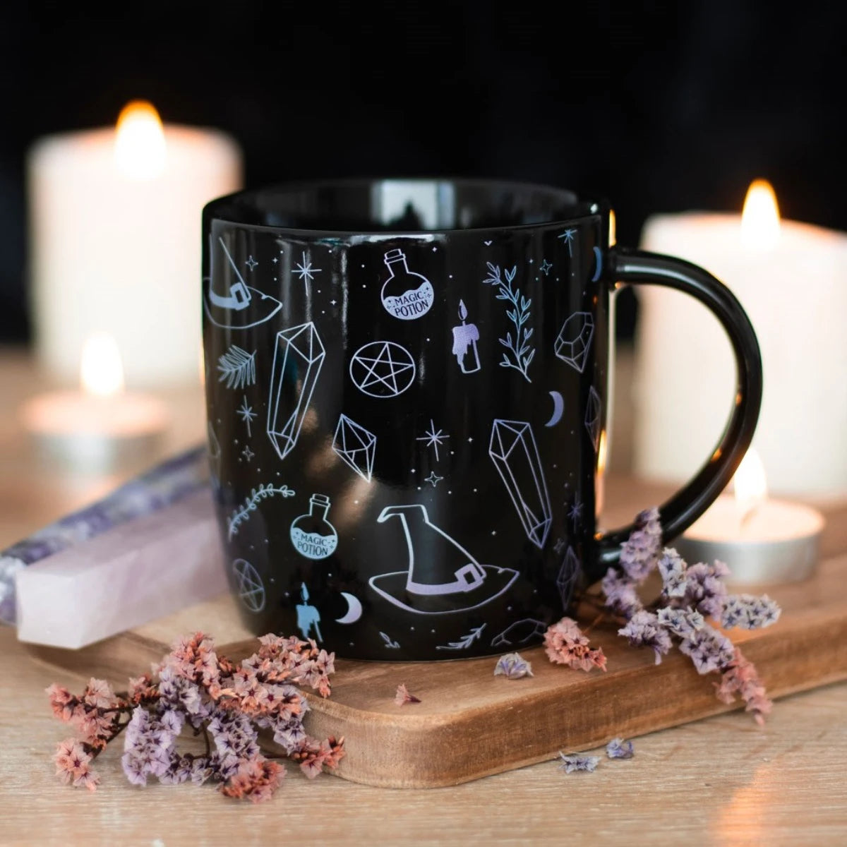 Crystal Witch Print Mug – Mystical Black Ceramic Coffee Cup