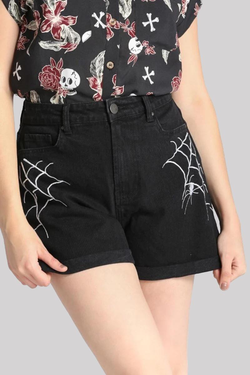 Hell Bunny Arania Black Denim Spider Web Embroidery Shorts