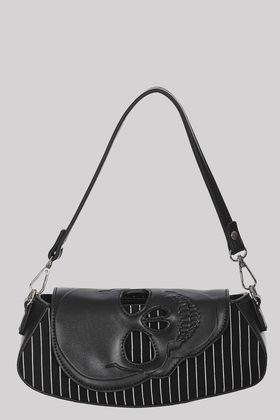 Banned Black Core Pinstripe Faux Leather Skull Shoulder Bag