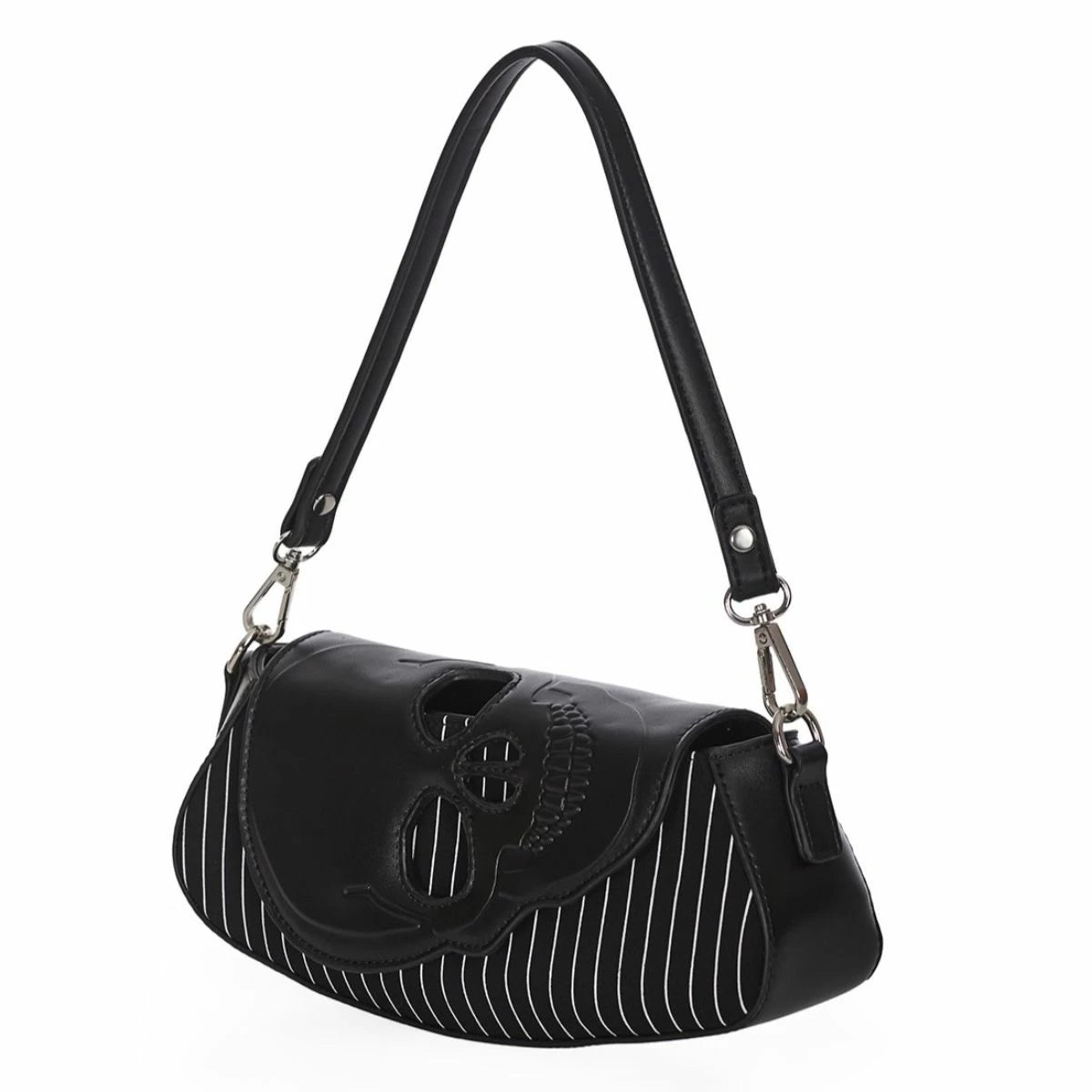 Banned Black Core Pinstripe Faux Leather Skull Shoulder Bag