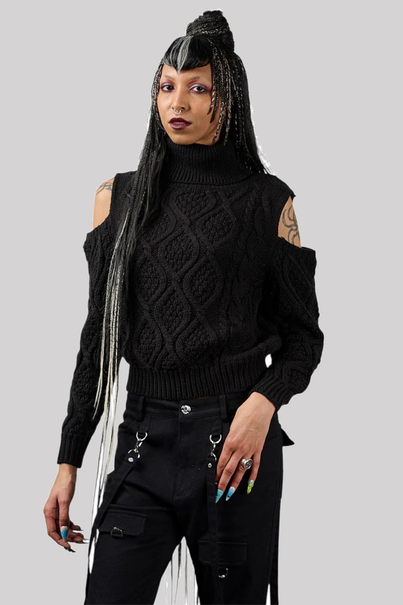 Banned Cozy Riot Jumper Black Cable Knit Roll Neck Knit