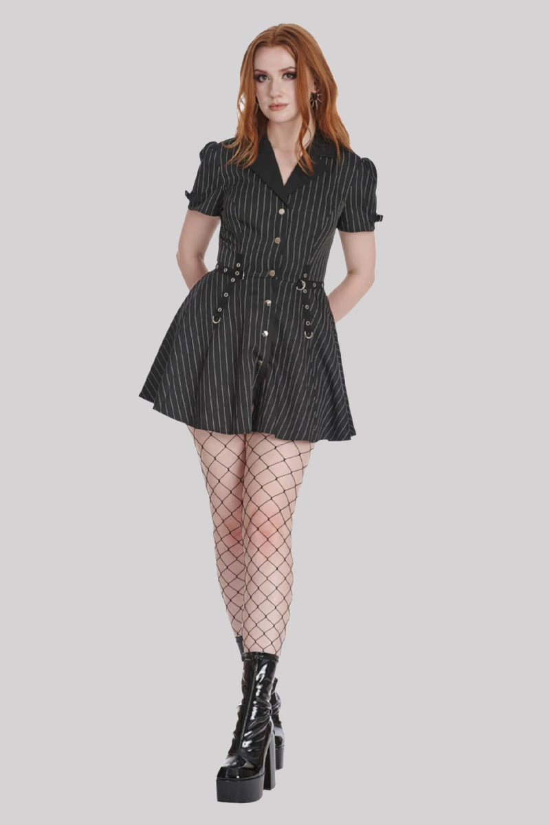 Banned Core Button Up Dress Gothic Striped V Neck Short Sleeve