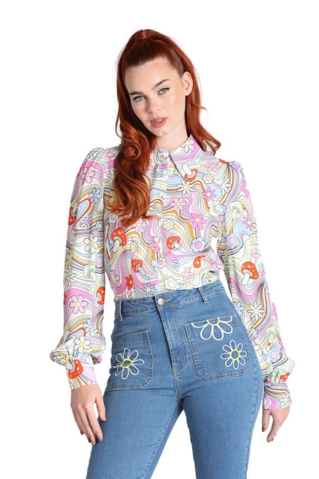 Hell Bunny Happy Daze Top Psychedelic Mushroom Flower Blouse