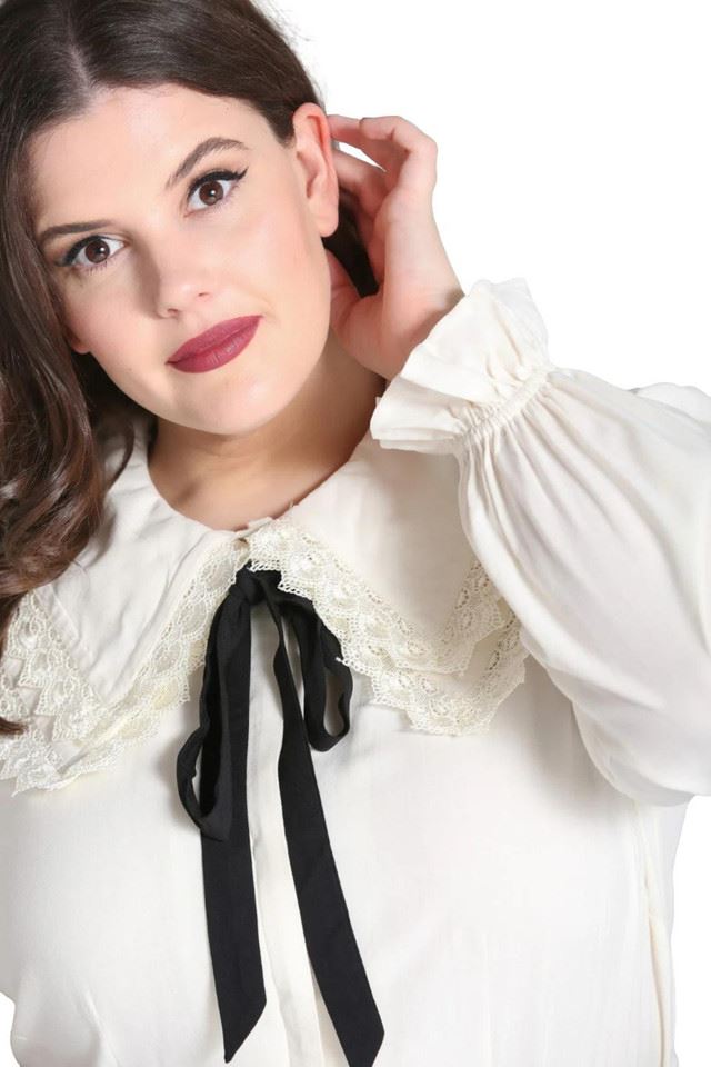 Hell Bunny Peyton Gothic Retro Semi Fitted Ivory Tie Blouse