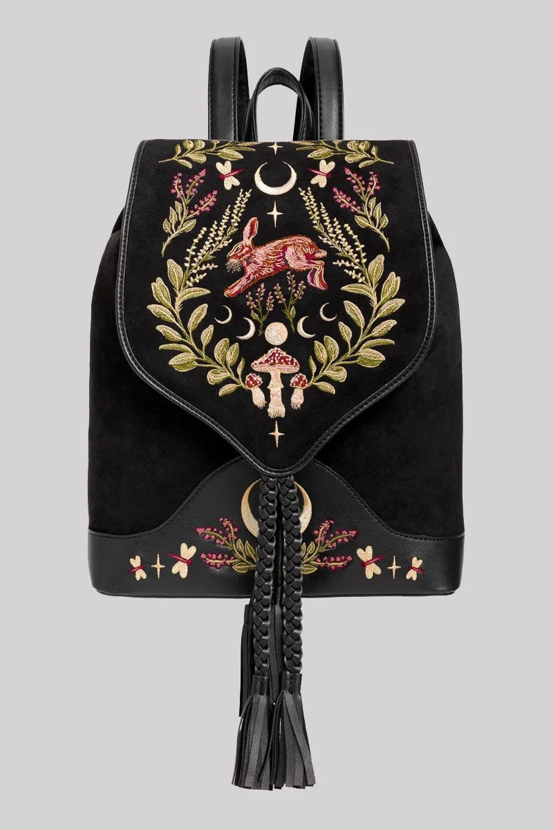 black leather embroidered backpack Restyle Hare Moon Backpack – Black Embroidered Vegan Satchel