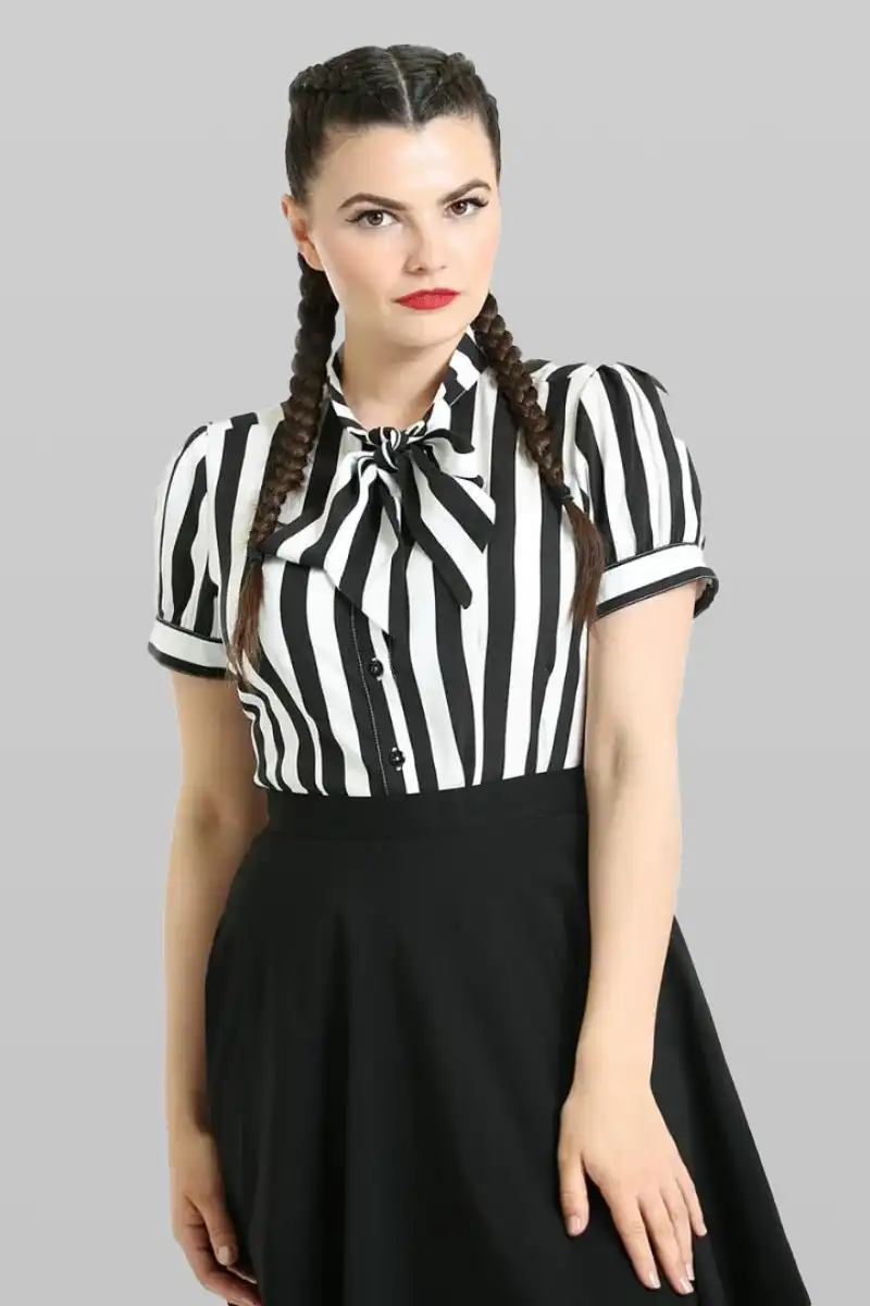 Hell Bunny Juno Gothic Black and White Fitted Striped Shirt