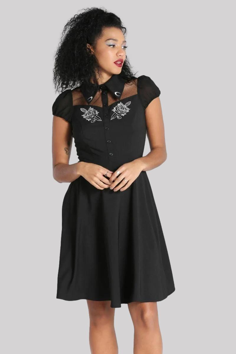 Hell Bunny Roesia Gothic Skull Embroidered Polka Dot Dress