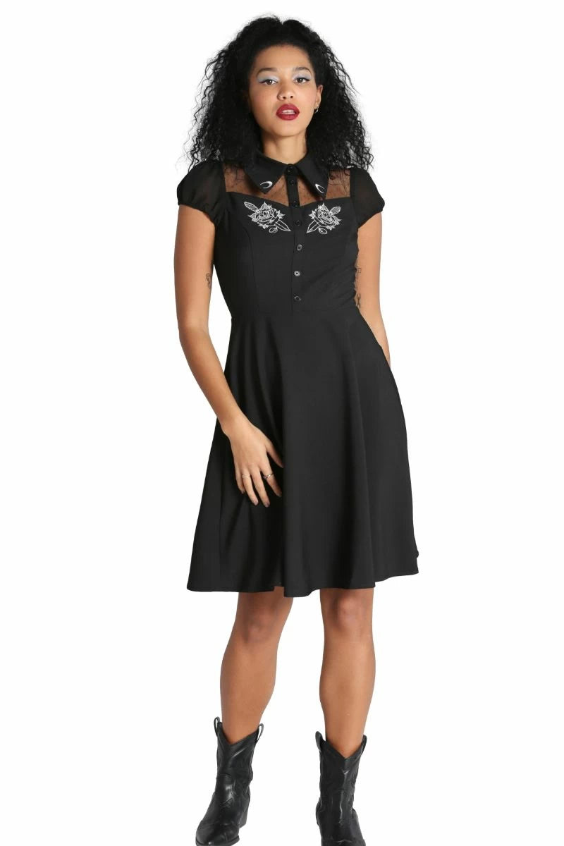 HELL BUNNY ROESIA GOTHIC SKULL EMBROIDERED POLKA DOT DRESS