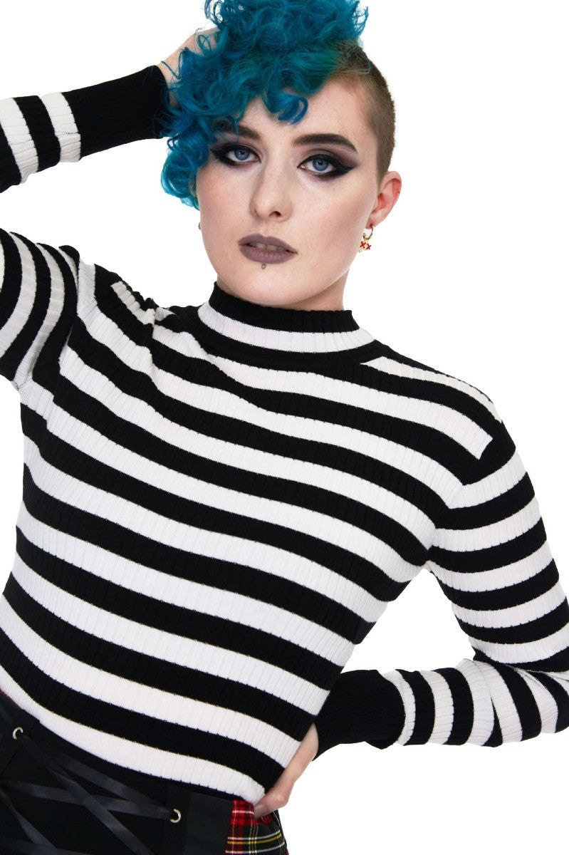 Jawbreaker Menace Stripe Ribbed Sweater Gothic Punk Jumper, Black & White