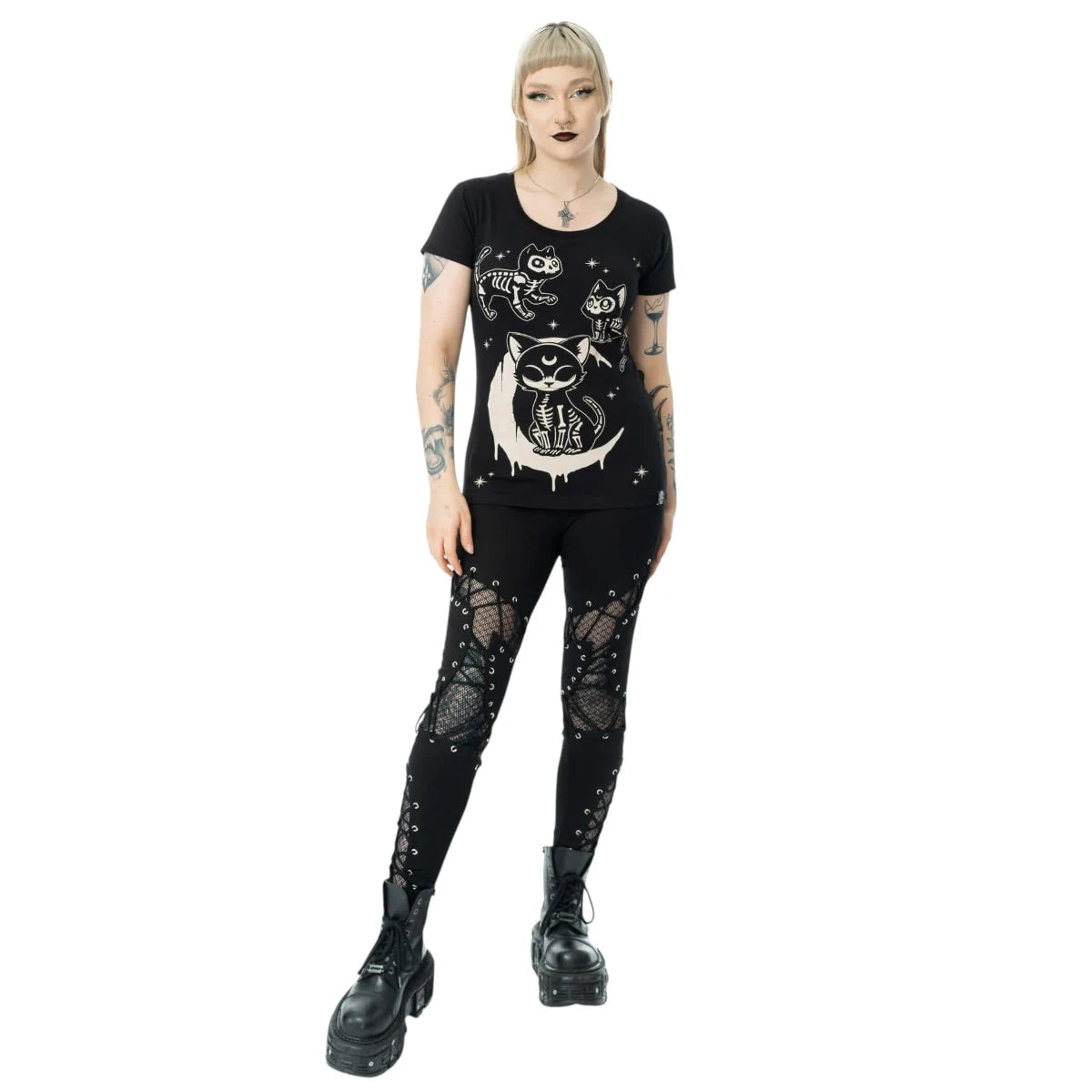 Cupcake Cult Moonlight T-shirt Gothic Cat Celestial Print Black