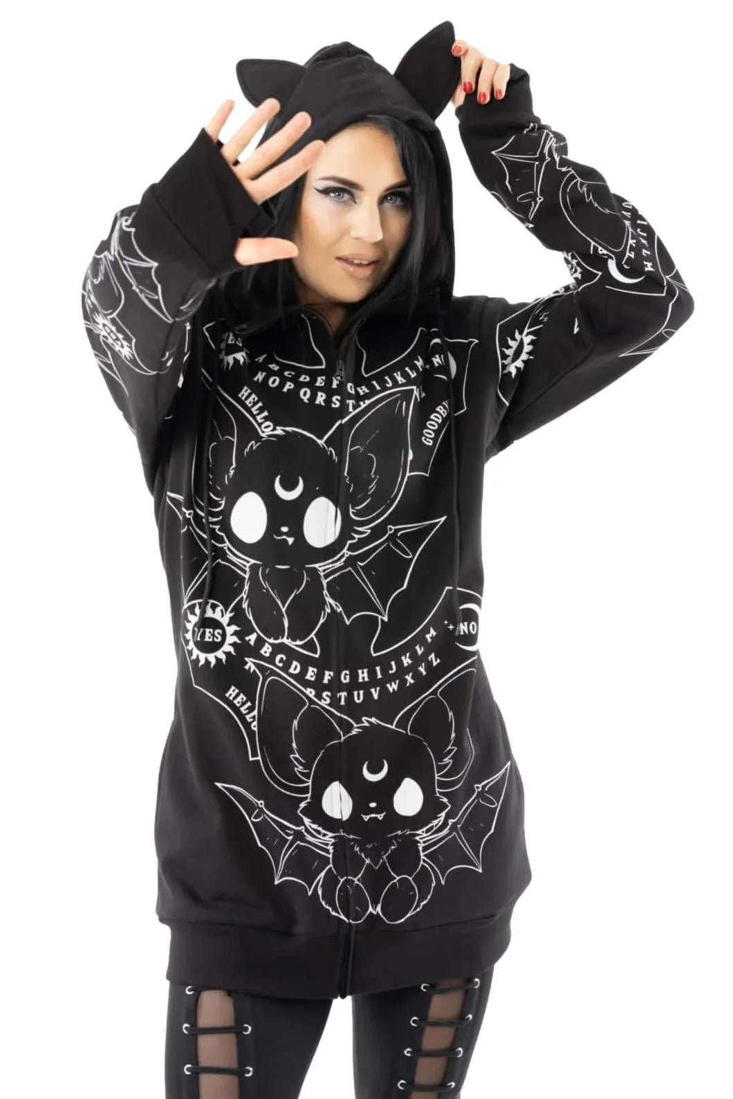 Heartless Ouija Bats Hoodie - Black Gothic Bat Ear Ouija