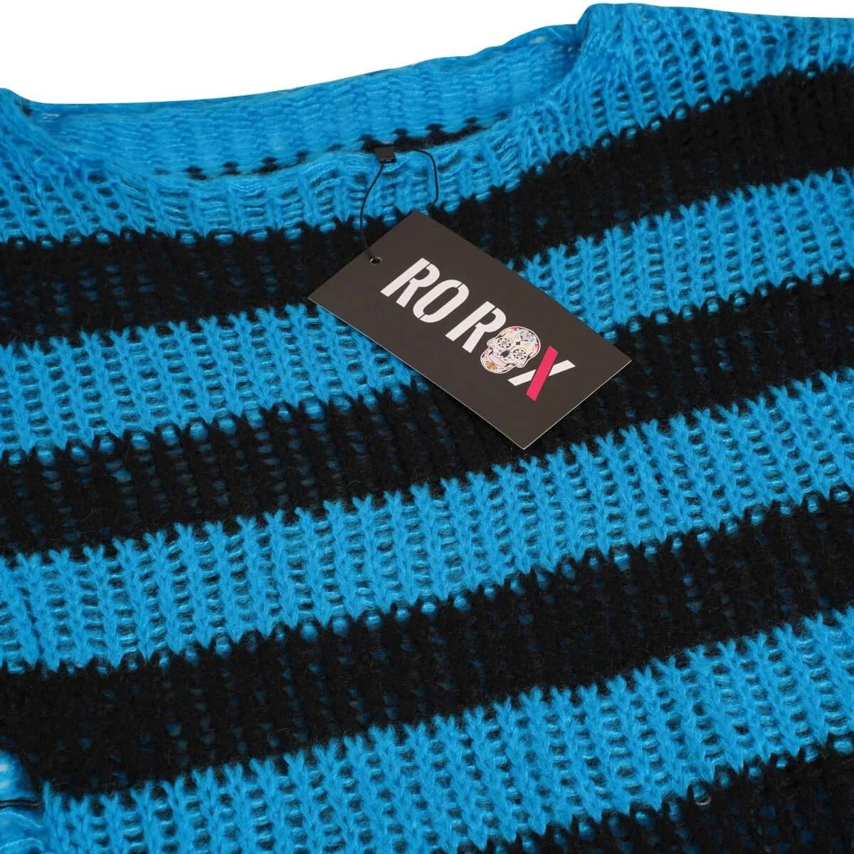Ro Rox Ryot Oversized Stripe Grunge Distressed Jumper, Blue