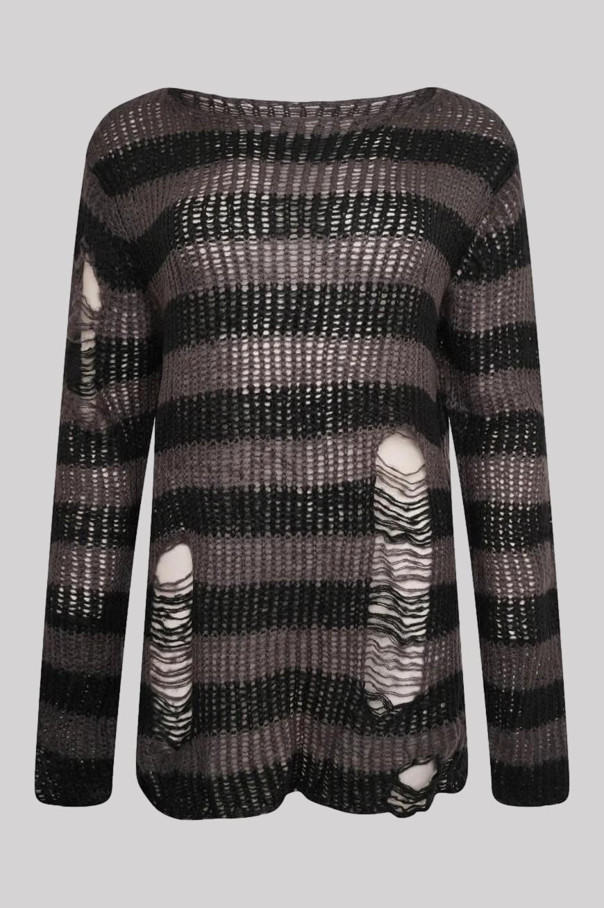 Ro Rox Ryot Oversized Stripe Grunge Distressed Jumper, Grey Ro Rox
