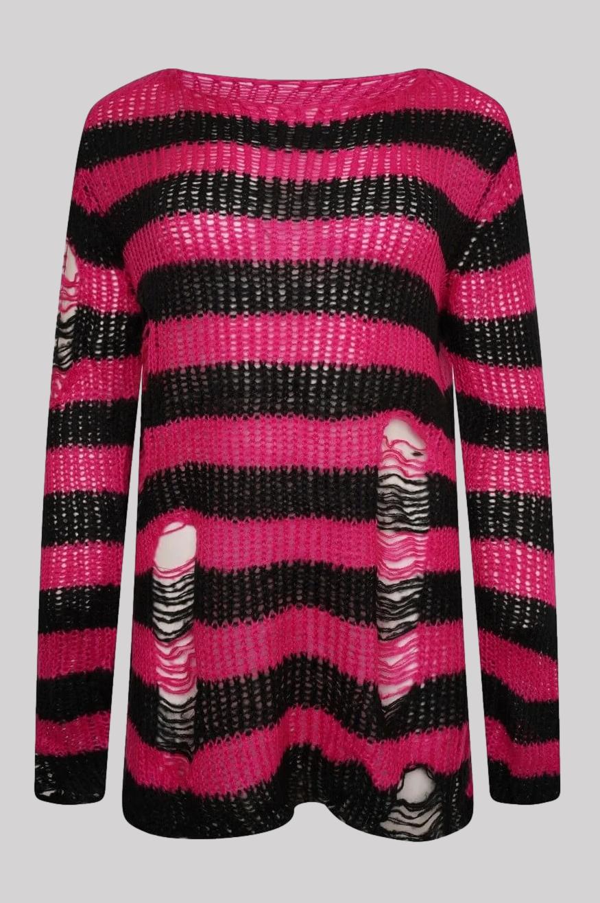 Ro Rox Ryot Oversized Stripe Grunge Distressed Jumper, Hot Pink