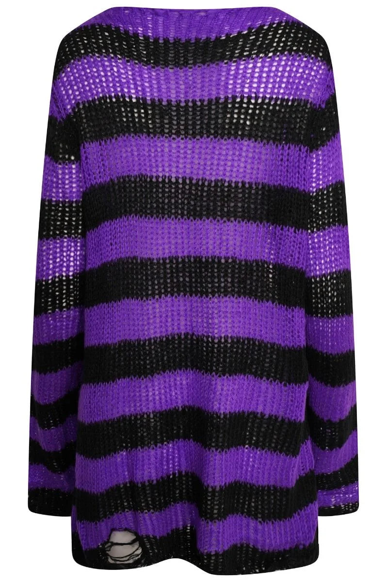 Ro Rox Ryot Oversized Stripe Grunge Distressed Jumper, Purple