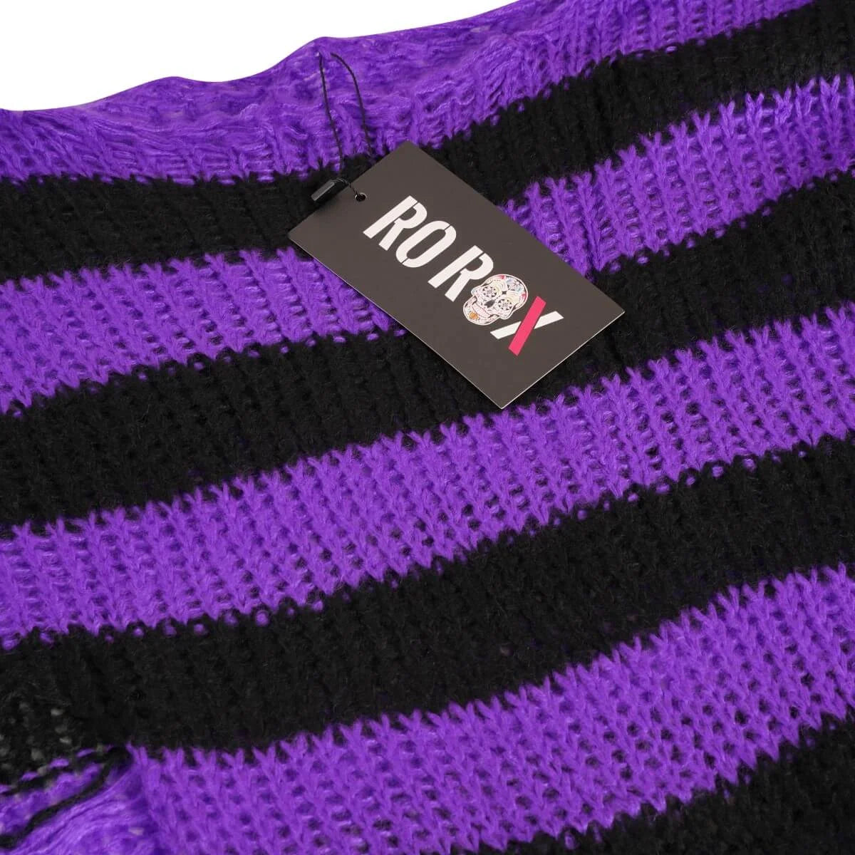Ro Rox Ryot Oversized Stripe Grunge Distressed Jumper, Purple