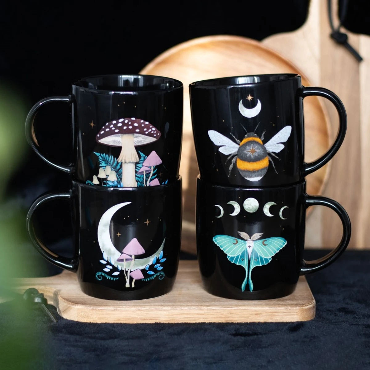 Set of 4 Dark Forest Mugs - Gothic Ceramic Coffee Cup Set