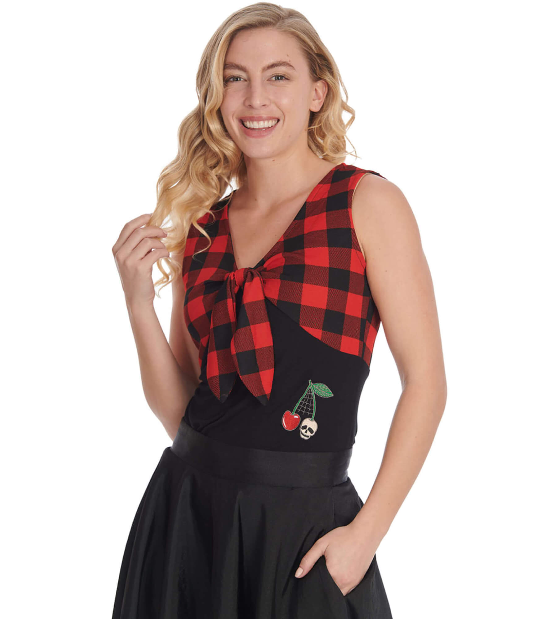 Banned Check & Cherry Skull Rockabilly Tie Front Top