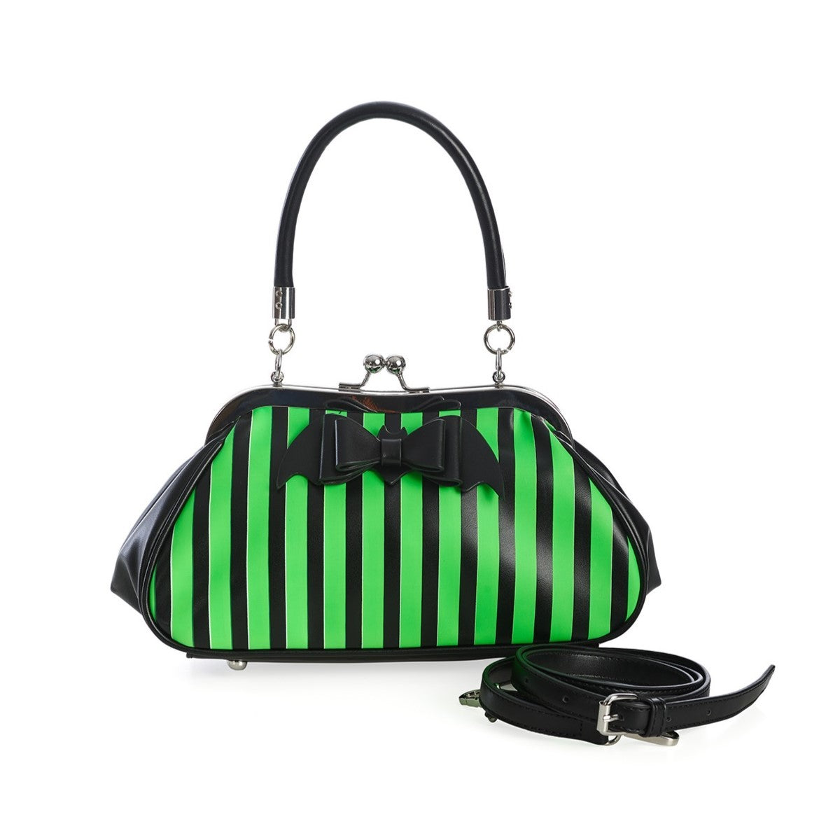 Banned Night of Mystery Stripy Gothic Bat Bow Handbag