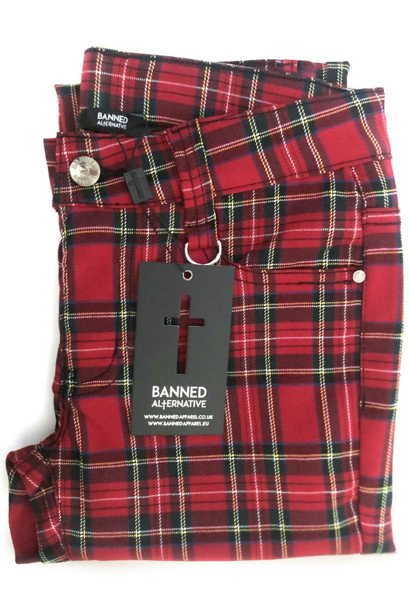 Mens Trouser Red Plaid Pants Punk Banned Tartan Plaid Check Emo