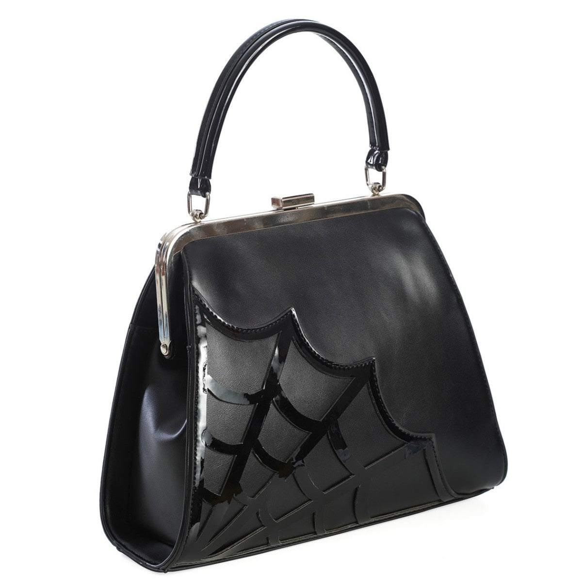 Banned Twilight Time Spiderweb Gothic Kiss Clasp Handbag, Black 