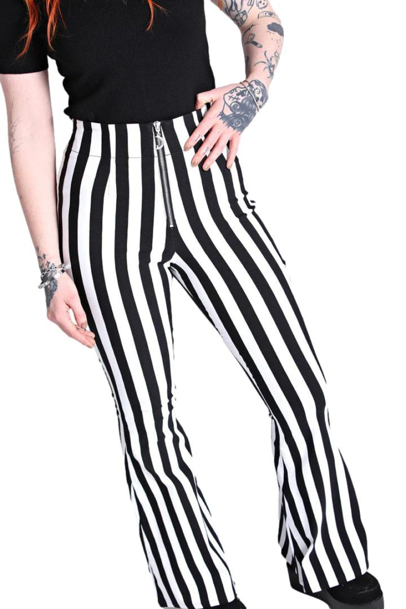 Hell Bunny Gaspar Black White Stripe Gothic Flared Pants