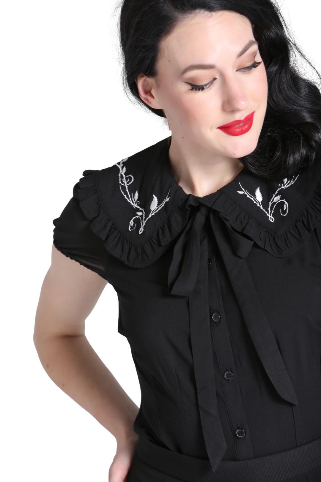 Hell Bunny Floral Embroidery Ruffled Collar Rockabilly Blouse