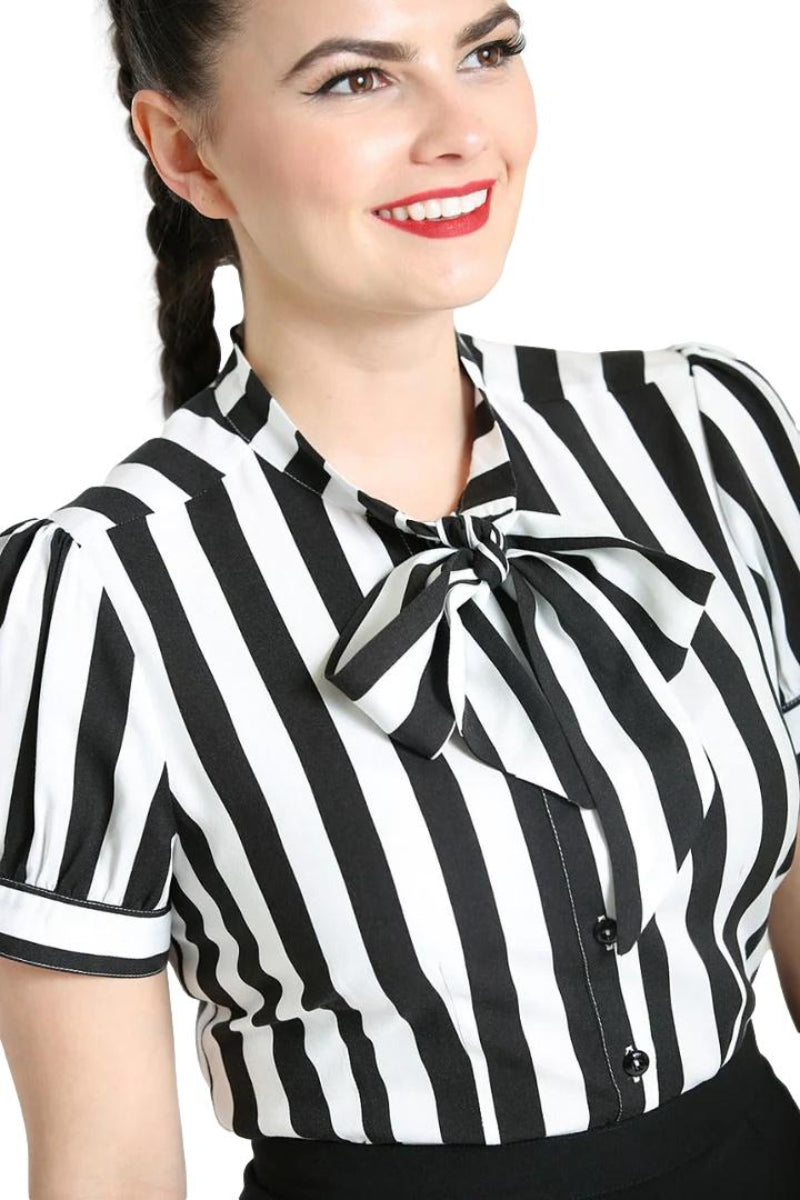 Hell Bunny Juno Gothic Black and White Fitted Striped Shirt