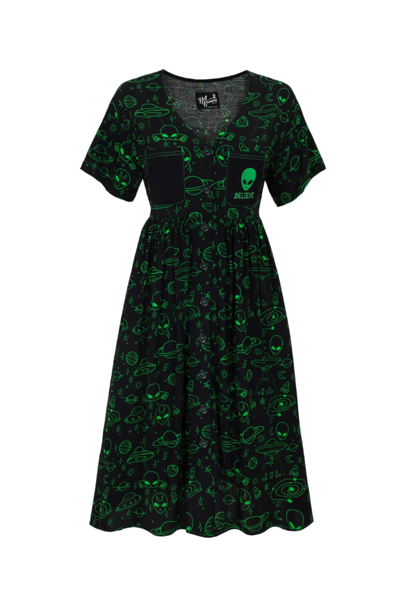 Hell Bunny Mulder Neon Green Alien Gothic Knee Dress