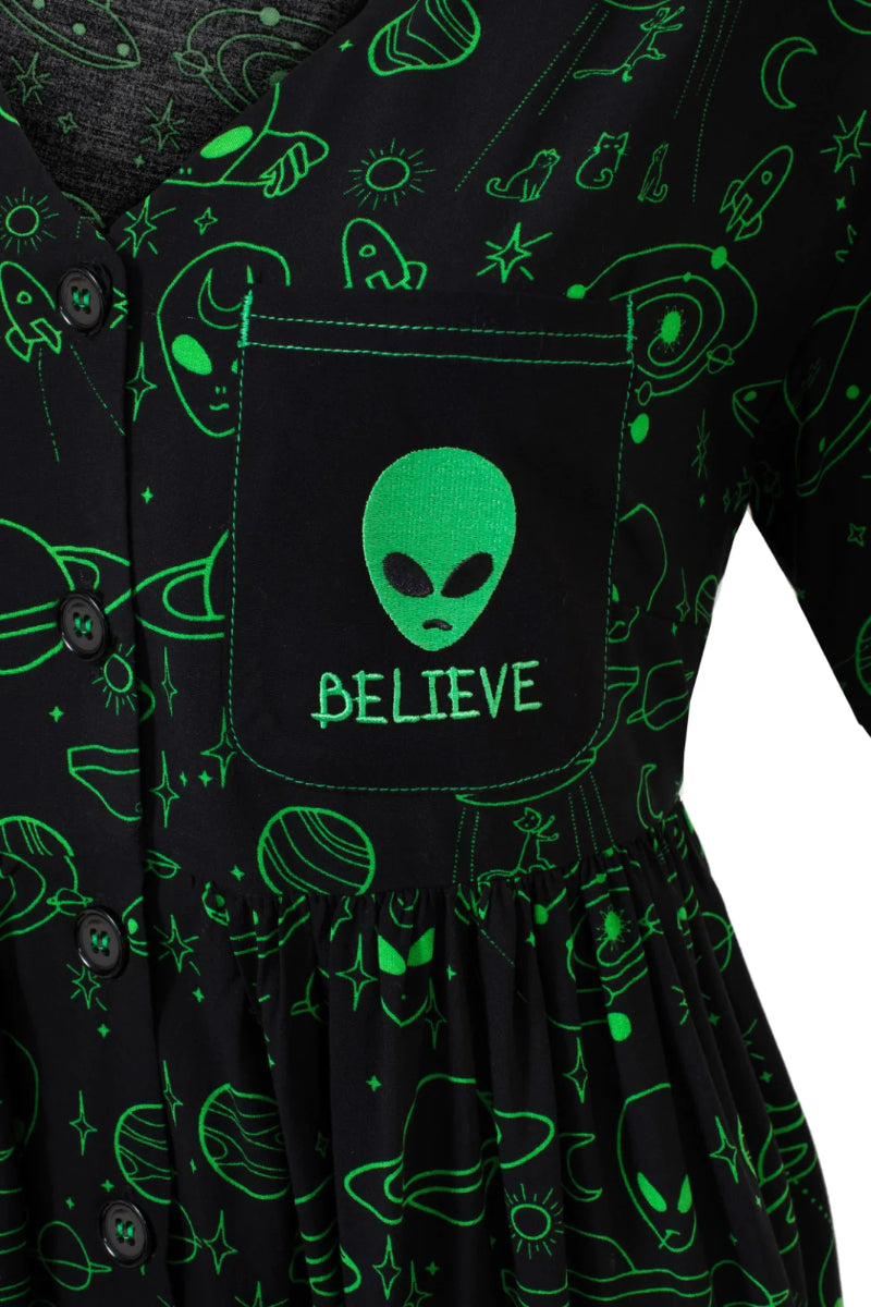 Hell Bunny Mulder Neon Green Alien Gothic Knee Dress