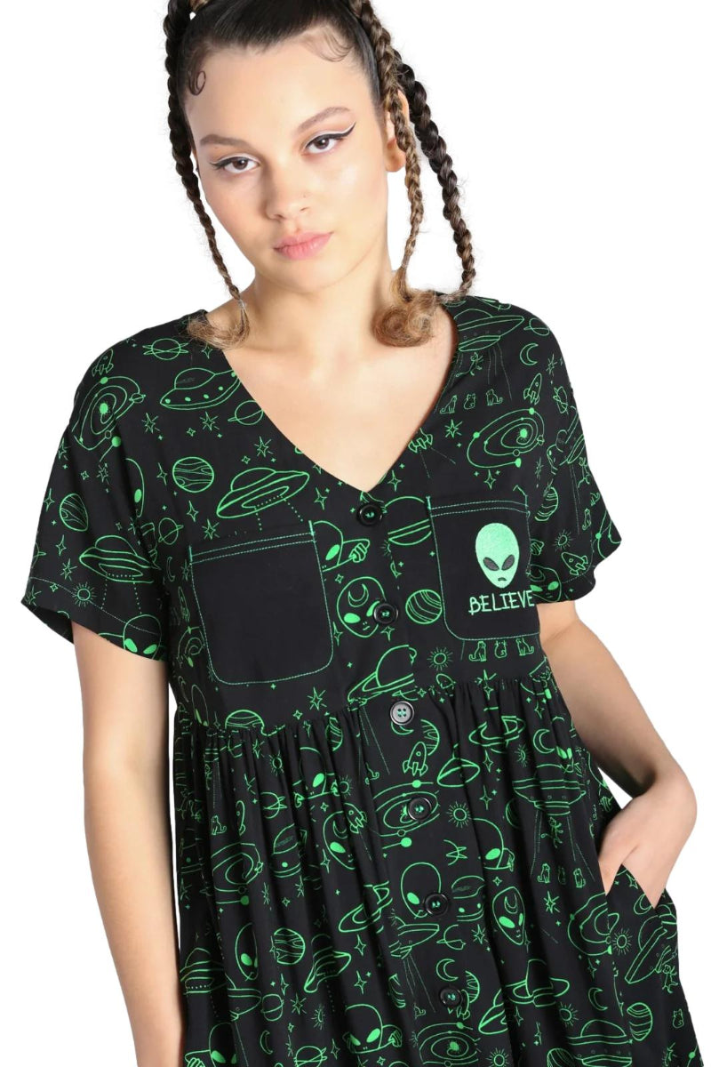 Hell Bunny Mulder Neon Green Alien Gothic Knee Dress