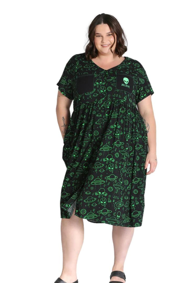 Hell Bunny Mulder Neon Green Alien Gothic Knee Dress