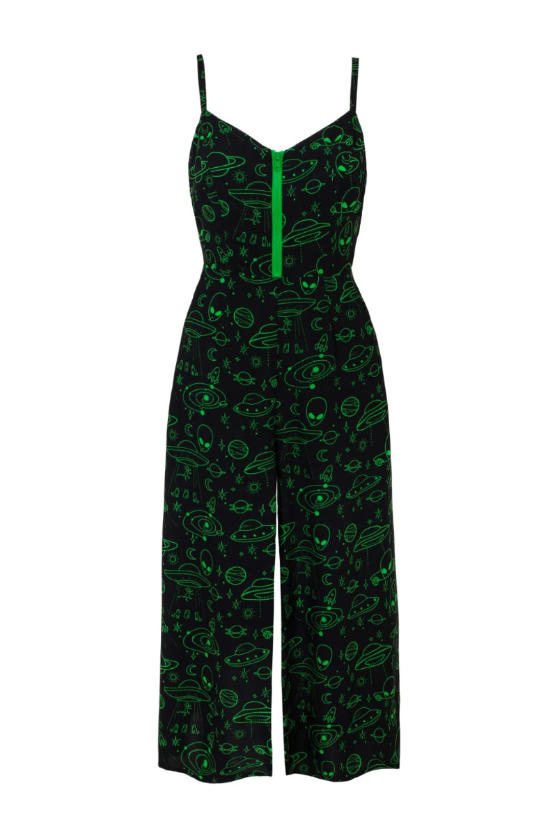 Hell Bunny Mulder Neon Green Alien Gothic Cropped Jumpsuit